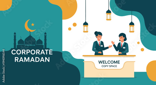 Elegant Ramadan Kareem background featuring crescent moon, glowing lanterns, and mosque silhouette with islamic geometric patterns, perfect for greeting cards, banners, and religious celebration desig