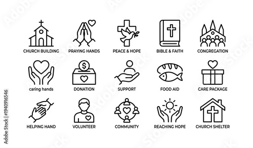 Icons representing church, support, community, and hope