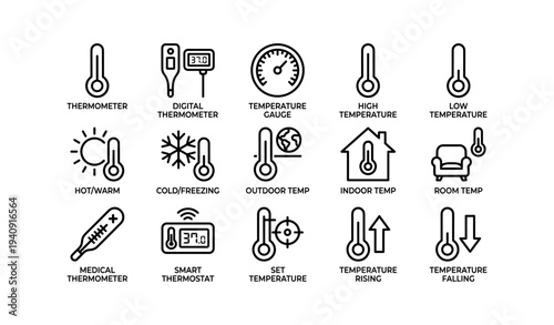 Temperature icons: thermometers, gauges, hot and cold indicators, indoor outdoor controls