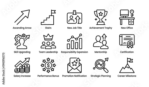 Career progression icons depicting growth, achievement, and development in professional settings