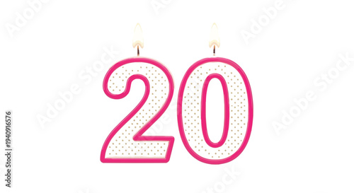 Pink and white number twenty birthday candles glowing brightly for a festive anniversary celebration vector graphic.