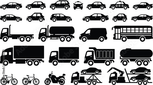 Vehicle silhouette collection, cars trucks bus motorcycle bicycle icons, transportation transport set, black vector illustration isolated