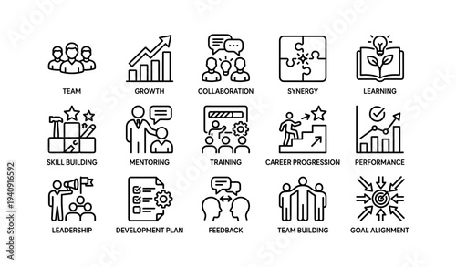 Icons representing team growth, collaboration, synergy, learning, and career development