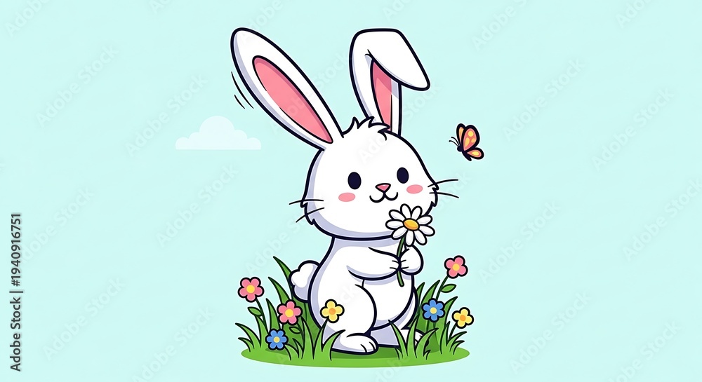 Obraz premium Cute white rabbit holds daisy flower in grassy field with butterfly.