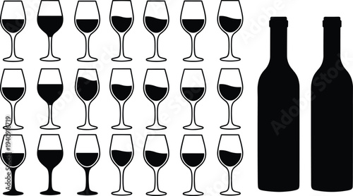 Wine glass and bottle silhouettes collection, different wine levels in glasses, beverage drink concept isolated vector illustration