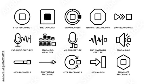 Audio and video recording control icons set with stop and end functions