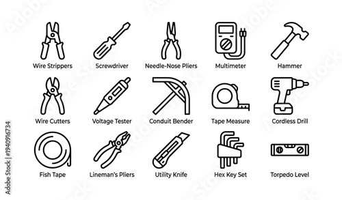 Essential electrical tools icons: wire strippers, multimeter, drill, hammer, tape measure
