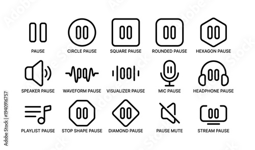 Set of pause icons with various shapes and audio controls