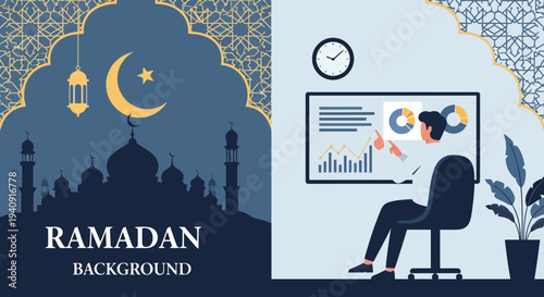 Elegant Ramadan Kareem background featuring crescent moon, glowing lanterns, and mosque silhouette with islamic geometric patterns, perfect for greeting cards, banners, and religious celebration desig