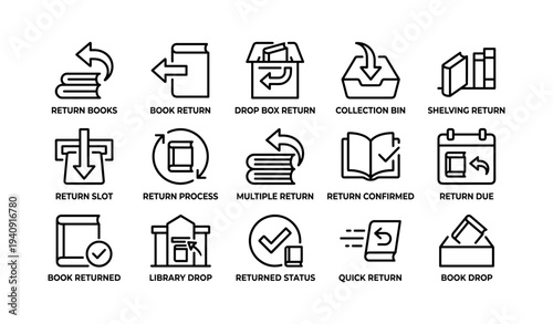 Library book return icons: process, slots, confirmed returns, due dates, drop box