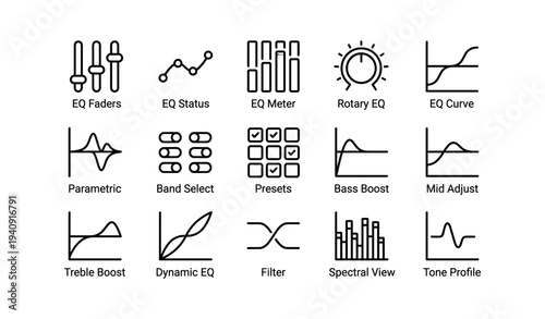 Audio equalizer icons set: eq faders, rotary eq, filter, bass boost, dynamic eq