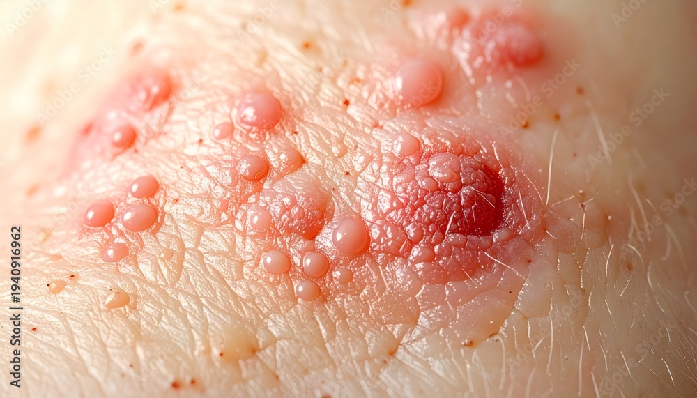 Fototapeta premium Close-up of a skin rash with blisters, possibly shingles or herpes, showing inflamed and irritated skin.