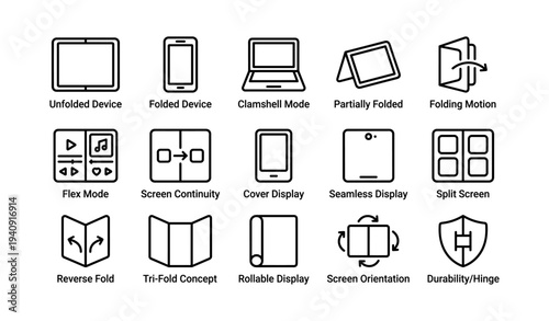 Icon set of foldable devices and display concepts in various configurations