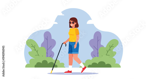 Vector graphic illustration of a visually impaired woman walking independently with her white cane and sunglasses.