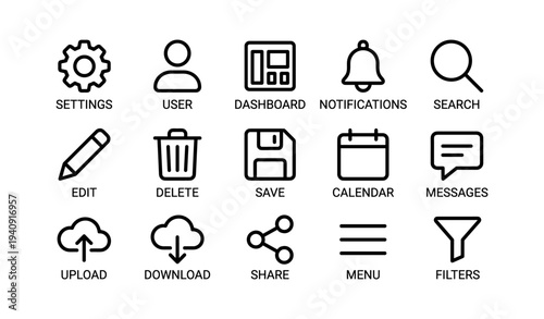 Set of 16 outline style interface icons for user settings and notifications