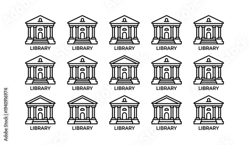 Patterned library icon set featuring classical building design