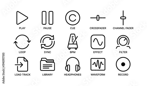 Audio control symbols: play, pause, crossfader, bpm, filter, sync, record, waveform