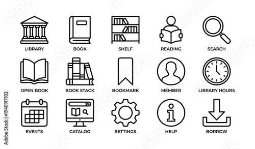 Library icons: reading, books, shelf, member, settings, bookmark