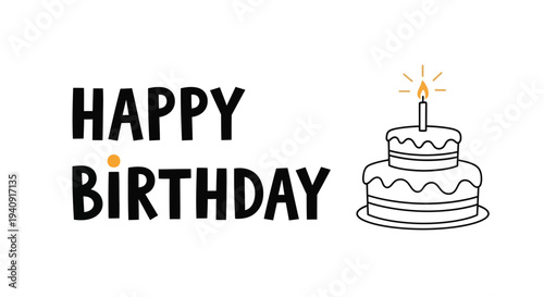Simple black and white vector graphic illustration design saying happy birthday with a lit candle cake