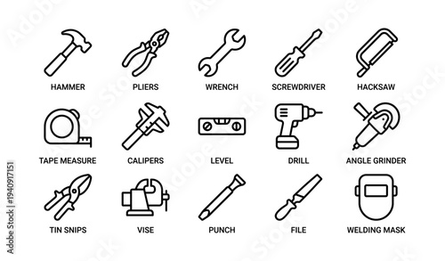 Hand tools collection - hammer, wrench, screwdriver, hacksaw, drill, welding mask