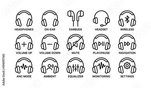 Headphones and earbuds icons: volume control, play, pause, settings