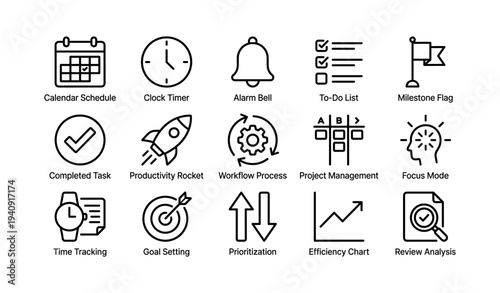 Business productivity icon set: calendar, clock, checklist, workflow, analysis tools