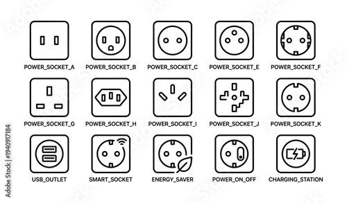 Various international power socket and outlet icons with labels