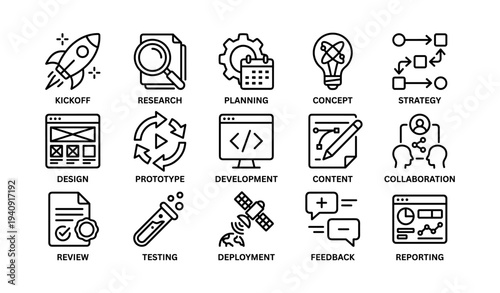 Project management icons: kickoff, research, planning, strategy, collaboration