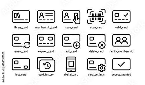 Set of digital card icons for library, membership, and access management