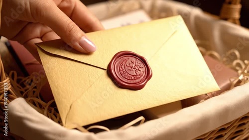 Close-up of a hand holding a sealed yellow envelope with a red wax stamp in a wicker basket.