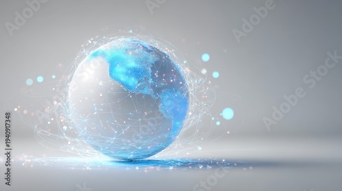 Global Connectivity Visualization: A radiant globe, enveloped by a web of interconnected lines and points, signifies global communication. The light gives it a dynamic aura.