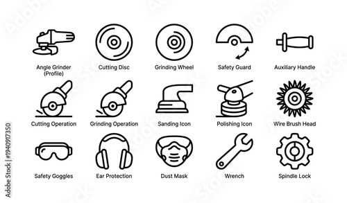 Industrial tool icons: safety gear, grinding, sanding, polishing, cutting operations