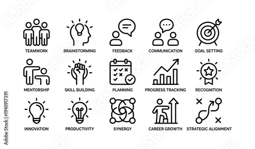 Icons illustrating teamwork, brainstorming, feedback, and goal setting concepts