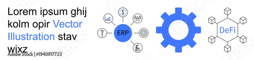 Business optimization, finance, blockchain, technology innovation, systems integration, decentralized networks. Gear, ERP text and network icons technology and finance. Business optimization
