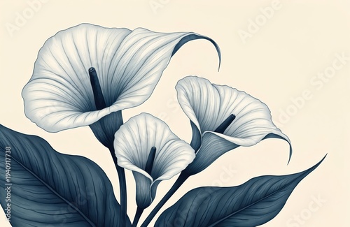 Calla lilies illustration features delicate white blooms and dark green leaves in simple line art style. Graphic design work conveys elegance and botanical beauty, perfect for artistic backgrounds.