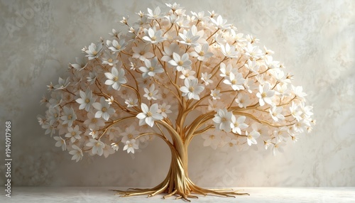 Golden tree with white blossoms. Branches display delicate flowers, gold stems root into marble. Elegant luxury decor art wallpaper. Soft light background.