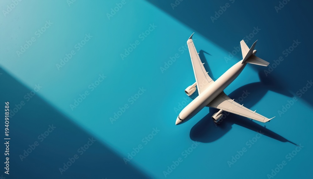 Naklejka premium Top view white model airplane on vibrant blue surface with sharp shadow. Simple minimalist aviation concept for travel industry or aerospace design projects.