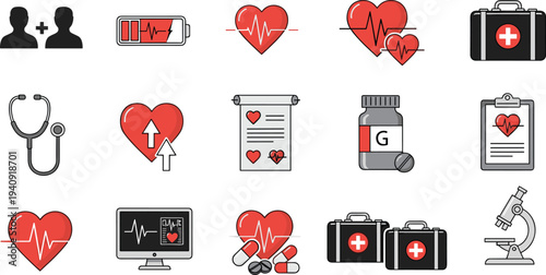 Comprehensive Collection of Medical and Healthcare Icons Featuring Stethoscopes, First Aid Kits, Heart Rate Monitors, Microscopes, and Vital Signs Symbols