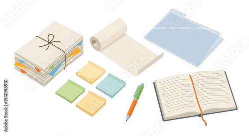 Colorful stationery items including notebooks and sticky notes isolated on transparent background