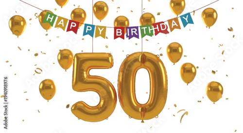 Golden number 50 foil balloons with a happy birthday banner and festive decorations vector illustration.