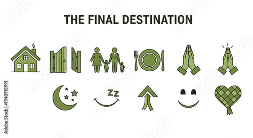 Icons illustrating concepts like home family dining prayer and happiness