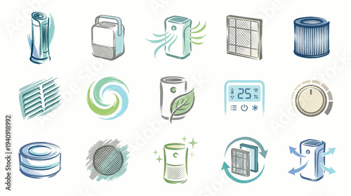 Collection of illustrated icons representing air purifiers, filters, and related components for clean air technology.
