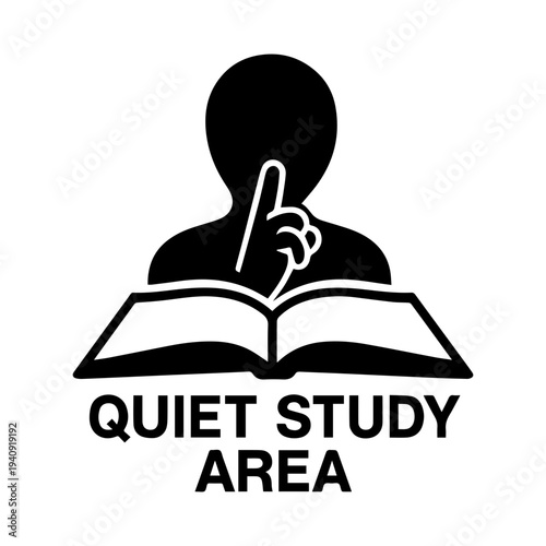 Quiet study area signage icon with transparent background silence and reading symbol

