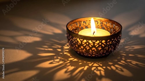 Lit candle in ornate metal holder casting decorative shadows on a surface in low light