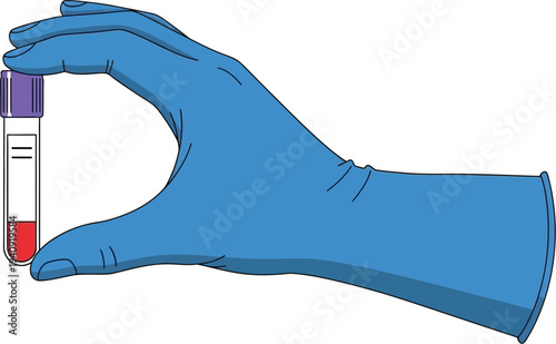 Hand in blue glove holding blood test tube