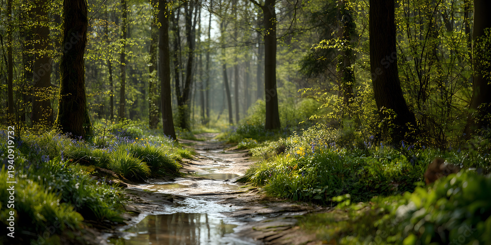 Fototapeta premium Forest Path with Early Spring Snowmelt