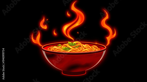 Fiery noodle bowl steaming hot