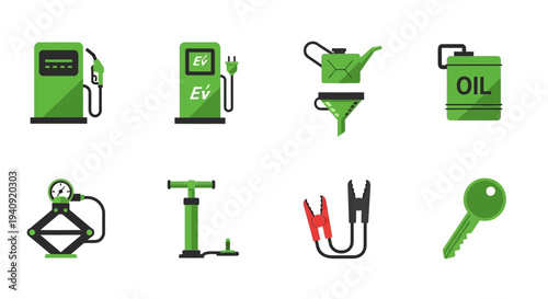 Eight green flat icons related to automotive maintenance and fueling