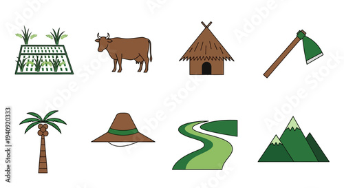 Eight icons depicting rural life elements arranged in two rows