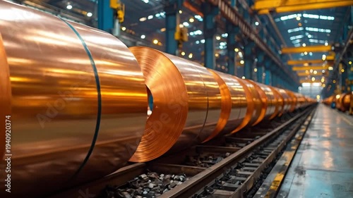Long row of shiny copper metal coils stored on tracks in a vast industrial factory